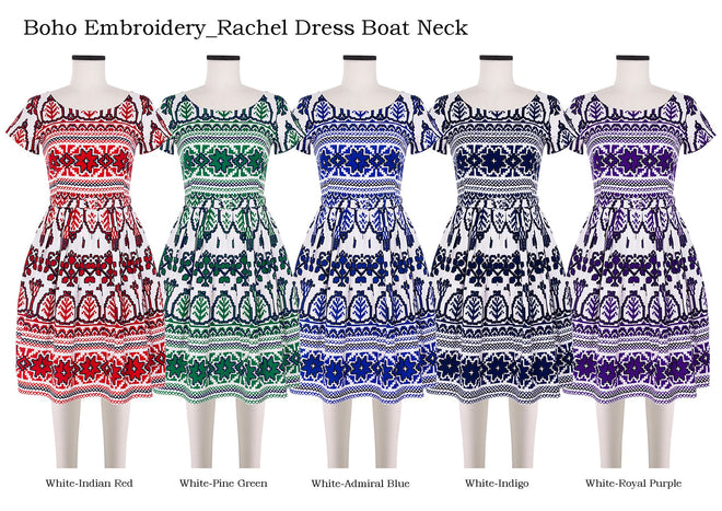 Rachel Dress Boat Neck in Boho Embroidery                                                            