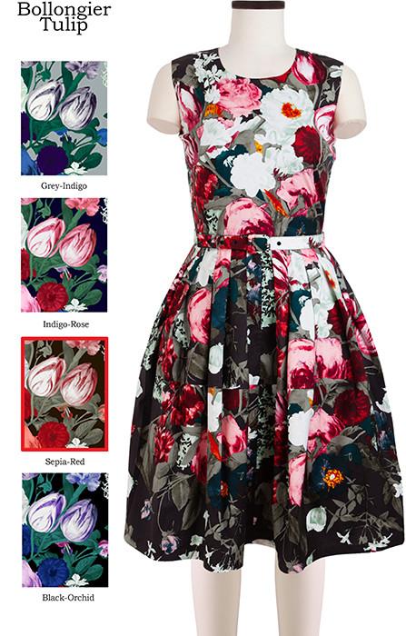 Rachel Dress Crew Neck Sleeveless Bollogier Tulip in Sepia Red                                               