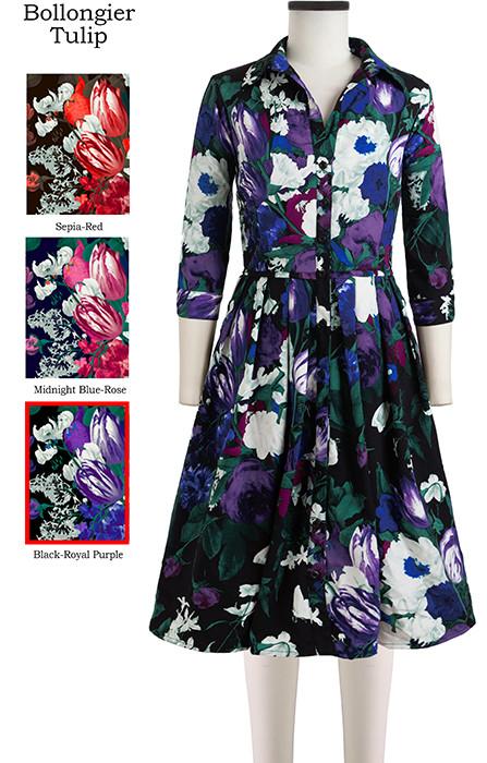 Audrey Dress Shirt Collar 3/4 Sleeve Bollongier Tulip in Black Royal Purple                              