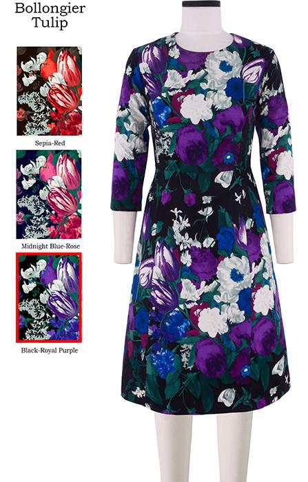Donnaway Dress Crew Neck 3/4 Sleeve Bollongier Tulip in Black Royal Purple