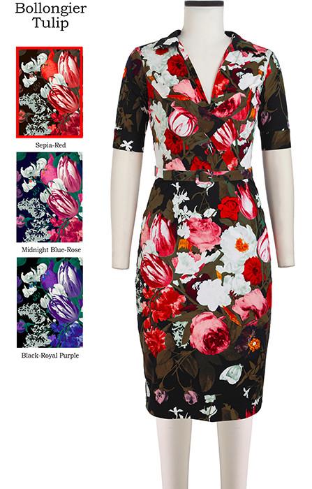 Laudine Dress V Collar 1/2 Sleeve Bollongier Tulip in Sepia Red                                             