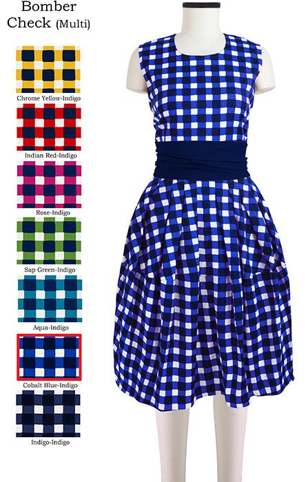 Rachel Dress Crew Neck Sleeveless with Sash Bomber Check Multi in Cobalt Blue Indigo