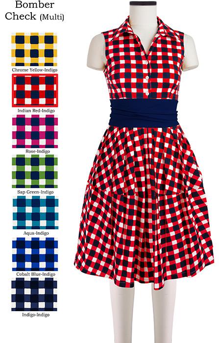 Claire Dress Shirt Collar Sleeveless with Sash Bomber Check Multi in Indian Red Indigo               