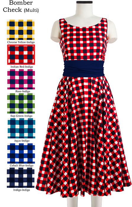 April Dress Boat Neck Sleeveless with Sash Bomber Check Multi in Indian Red Indigo               
