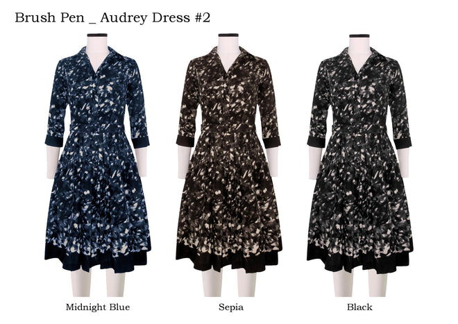 Audrey Dress #2 Shirt Collar 3/4 Sleeve in Brush Pen                                             