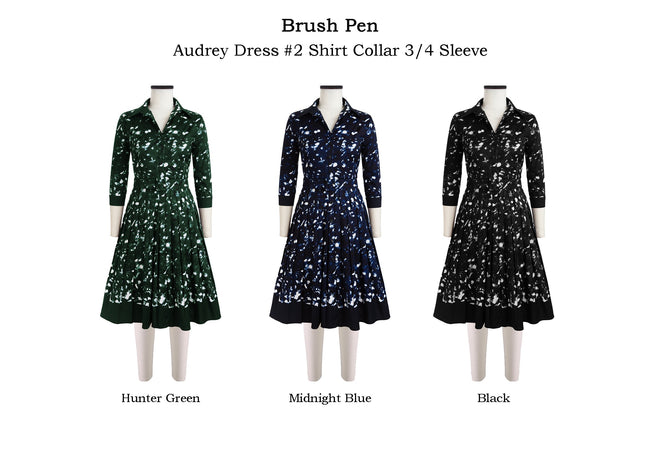 Audrey Dress #2 Shirt Collar 3/4 Sleeve in Brush Pen                                             