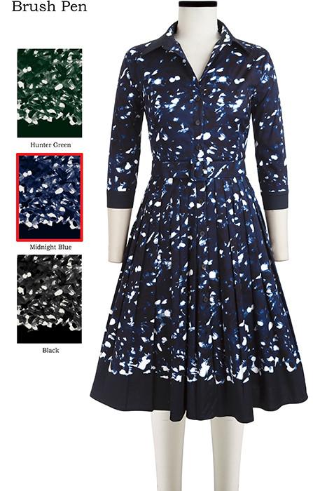 Audrey Dress #2 Shirt Collar 3/4 Sleeve Brush Pen in Midnight Blue                                             