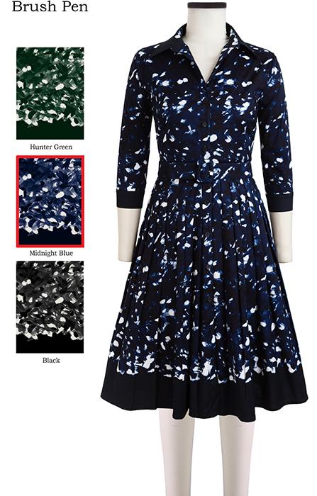 Audrey Dress #2 Shirt Collar 3/4 Sleeve Brush Pen in Midnight Blue                              