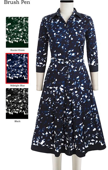 Patricia Dress #2 Shirt Collar 3/4 Sleeve Brush Pen in Midnight Blue                                             