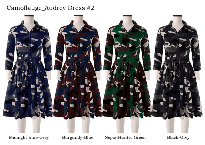Audrey Dress #2 Shirt Collar 3/4 Sleeve in Camoflauge                                             