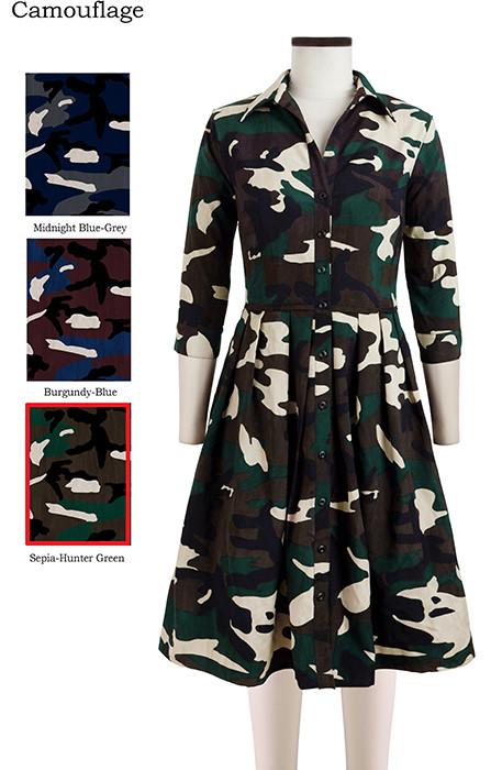 Audrey Dress Shirt Collar 3/4 Sleeve Camouflage in Sepia Hunter Green                              