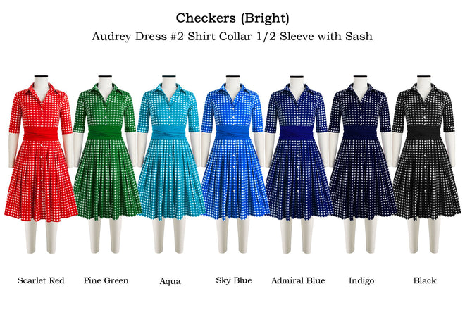 Audrey Dress #2 Shirt Collar 1/2 Sleeve with Sash in Checkers Bright                              