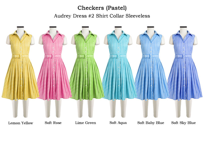 Audrey Dress #2 Shirt Collar Sleeveless in Checkers Pastel                                             