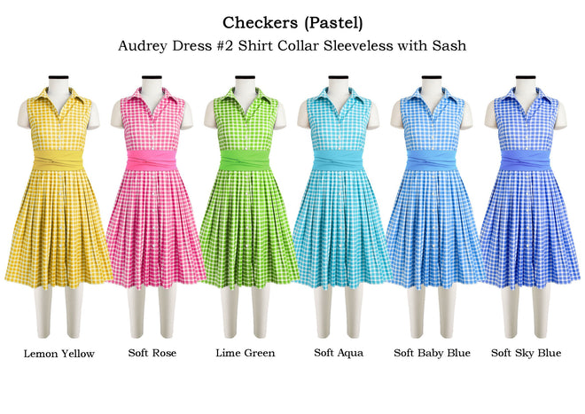 Audrey Dress #2 Shirt Collar Sleeveless with Sash in Checkers Pastel                              