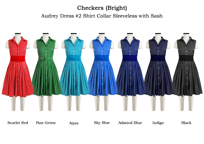 Audrey Dress #2 Shirt Collar Sleeveless with Sash in Checkers Bright                              