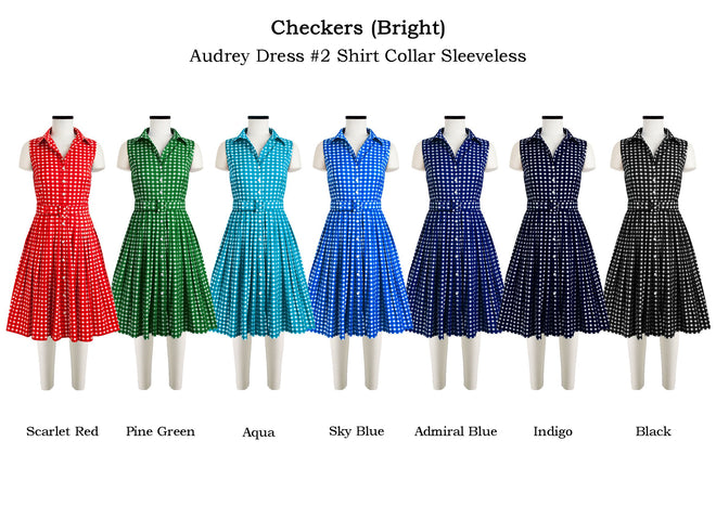 Audrey Dress #2 Shirt Collar Sleeveless in Checkers Bright                                             
