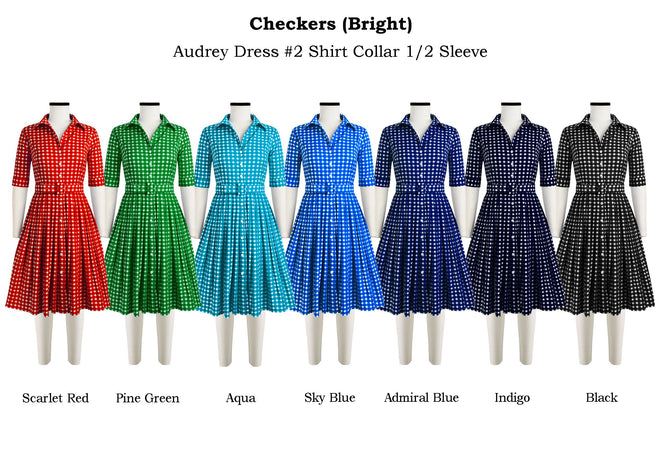Audrey Dress #2 Shirt Collar 1/2 Sleeve in Checkers Bright                                             