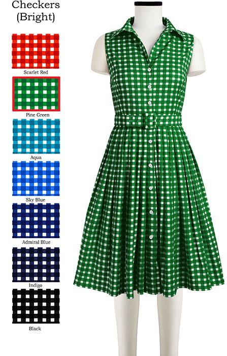 Audrey Dress #2 Shirt Collar Sleeveless with Sash Checkers Bright in Pine Green