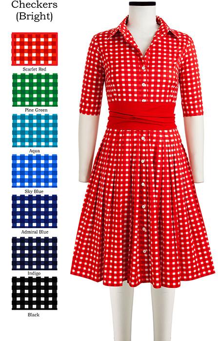 Audrey Dress #2 Shirt Collar 3_4 Sleeve with Sash Checkers Bright in Scarlet Red