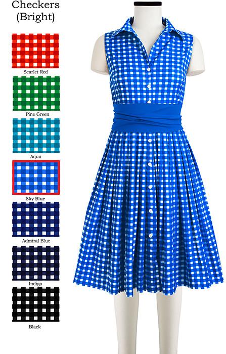 Audrey Dress #2 Shirt Collar Sleeveless with Sash Checkers Bright in Sky Blue               