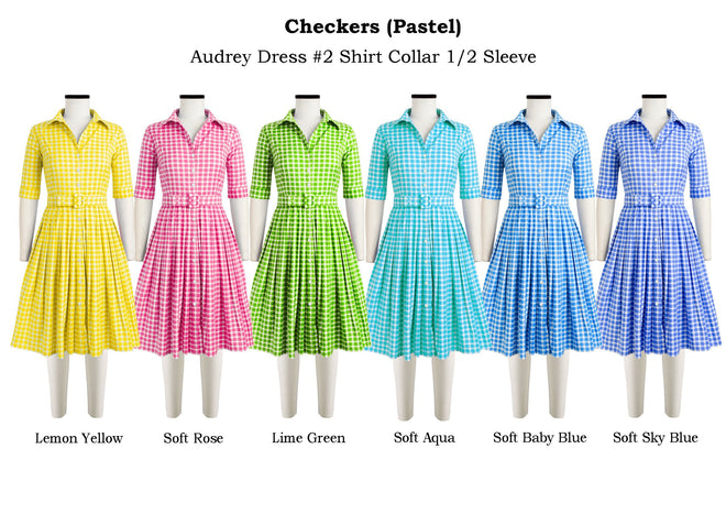 Audrey Dress #2 Shirt Collar 1/2 Sleeve in Checkers Pastel                                             