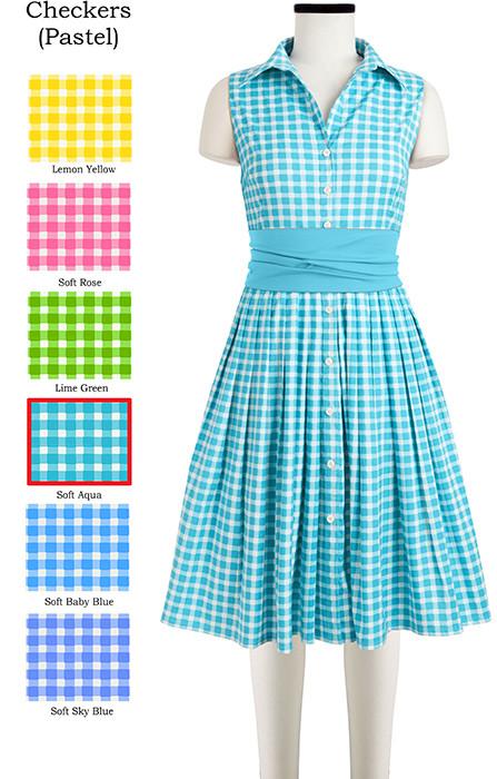 Audrey Dress #2 Shirt Collar Sleeveless with Sash Checkers Pastel in Soft Aqua               