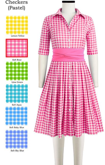 Audrey Dress #2 Shirt Collar  1/2  Sleeve with Sash Checkers Pastel in Soft Rose                    