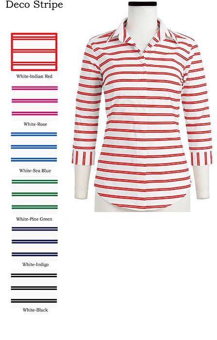 Katharine Shirt Shirt Collar 3/4 Sleeve Deco Stripe in White Indian Red                              