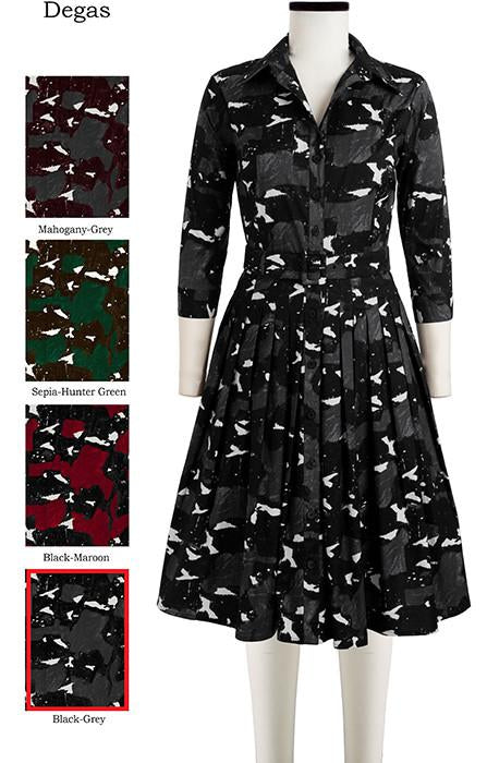 Audrey Dress #2 Shirt Collar 3/4 Sleeve Degas in Black Grey                                             