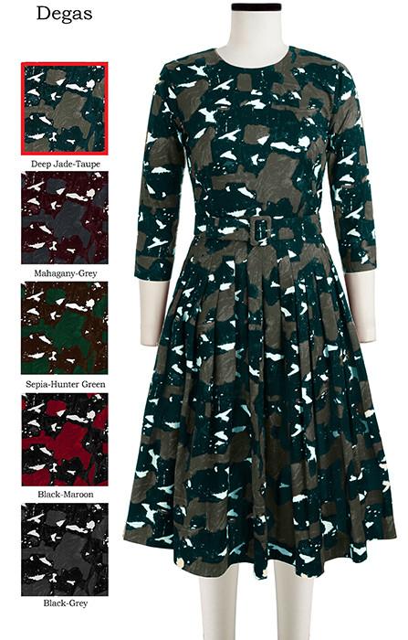 Florance Dress Jewel Neck 3/4 Sleeve Degas in Deep Jade Taupe                                               