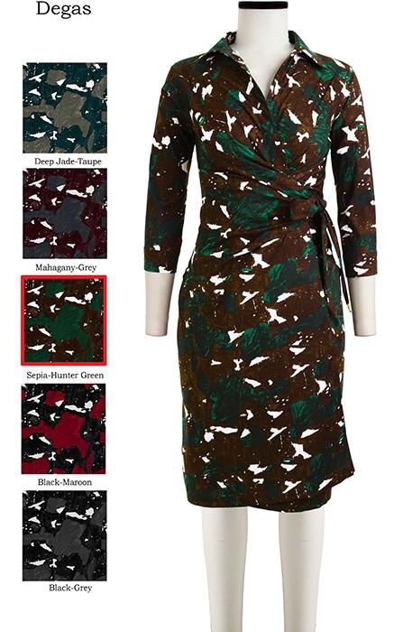 Hepburn Dress Shirt Collar 3/4 Sleeve Degas in Sepia Hunter Green                                              