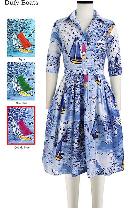 Claire Dress Shirt Collar 1/2 Sleeve Dufy Boat in Cobalt Blue                                             