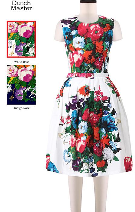 Rachel Dress Crew Neck Sleeveless Dutch Master in White Rose                              