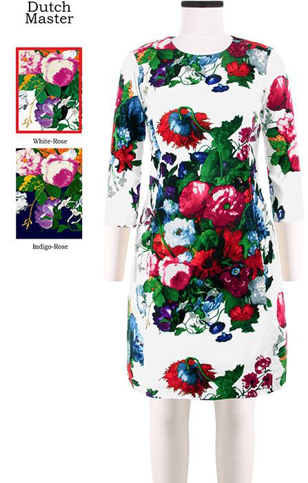 Sarah Dress Crew Neck 3/4 Sleeve Dutch Master in White Rose                 