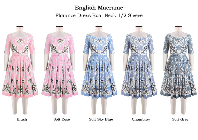 Florance Dress Boat Neck 1/2 Sleeve in English Macrame                              
