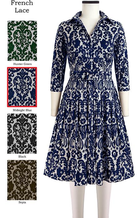 Audrey Dress #2 Shirt Collar 3/4 Sleeve in French Lace in Midnight Blue                              