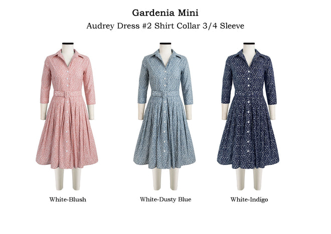 Audrey Dress #2 Shirt Collar 3/4 Sleeve in Gardenia Mini                                             