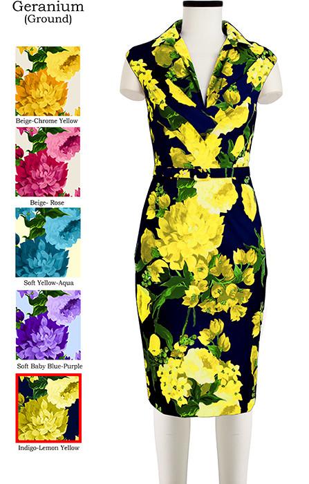 Laudine Dress V Collar Cap Sleeve Geranium Ground in Indigo Lemon Yellow                        