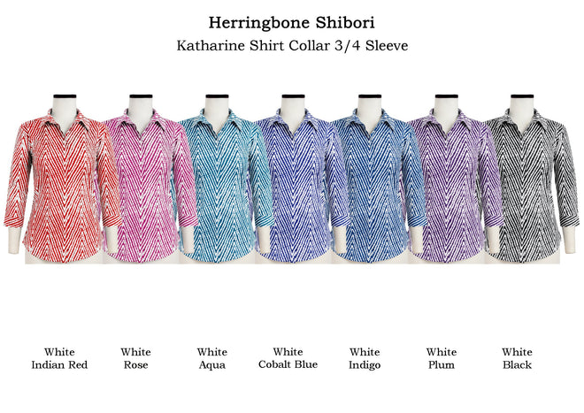 Katharine Shirt Collar 3/4 Sleeve in Herringbone Shibori                                             