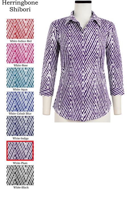 Katharine Shirt Collar 3/4 Sleeve Herringbone Shibori in Plum                                             
