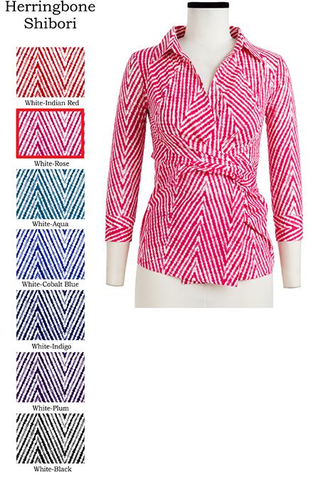 Hilton Shirt Collar 3/4 Sleeve Herringbone Shibori in White Rose                              