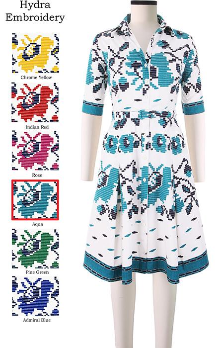 Patricia Dress #2 Shirt Collar 1/2 Sleeve Hydra Embroidery in Aqua                                             