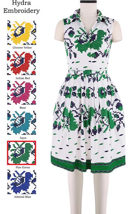 Claire Dress Shirt Collar Sleeveless Hydra Embroidery in Pine Green                                   