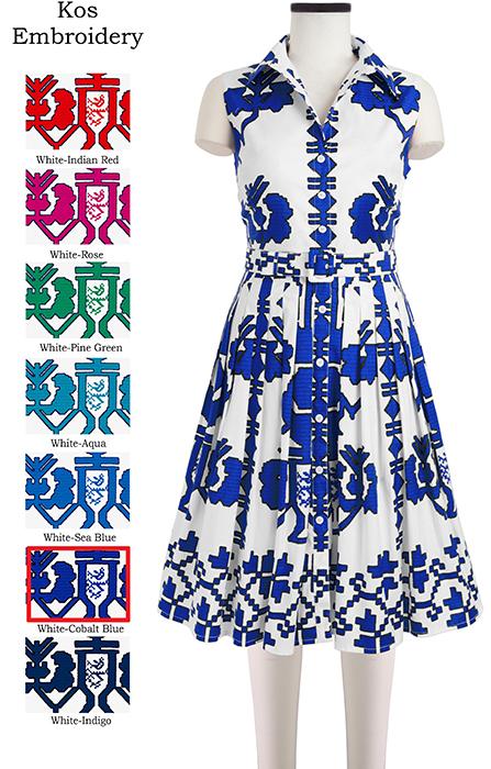 Audrey Dress #2 Shirt Collar Sleeveless Kos Embroidery in White Cobalt Blue               