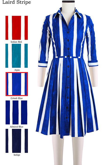 Audrey Dress #2 Shirt Collar 3/4 Sleeve Laird Stripe in Cobalt Blue                                             