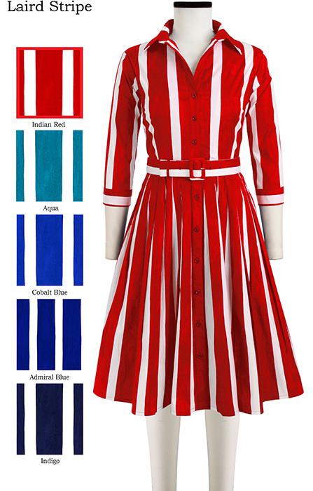 Audrey Dress #2 Shirt Collar 3/4 Sleeve Laird Stripe in Indian Red                                             