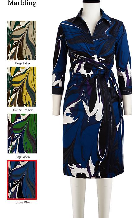 Hepburn Dress Shirt Collar 3/4 Sleeve Marbling in Stone Blue                                             