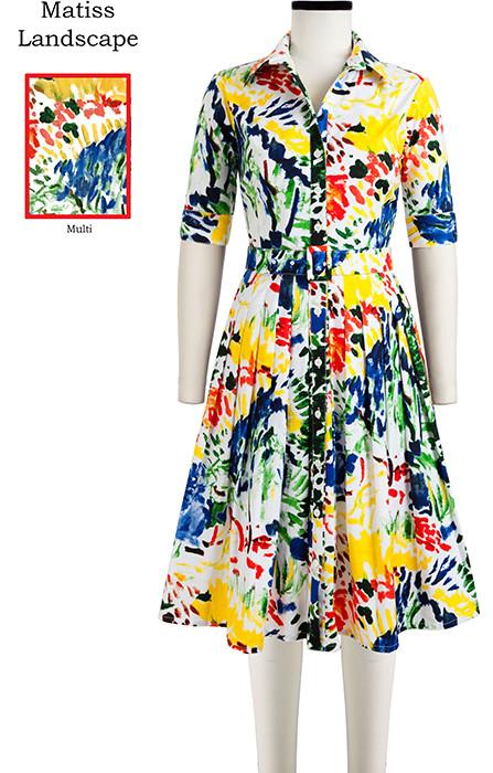 Audrey Dress #2 Shirt Collar 1/2 Sleeve Martiss Landscape in Multi                                              