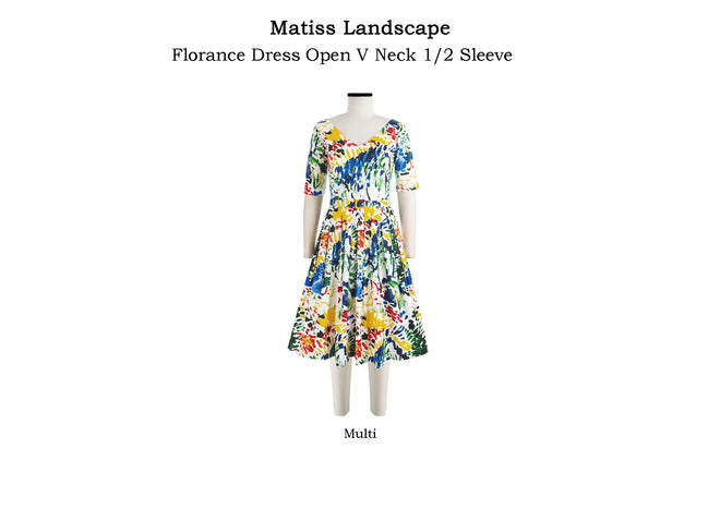 Florance Dress Open V Neck 1/2 Sleeve in Matiss Landscape                                             