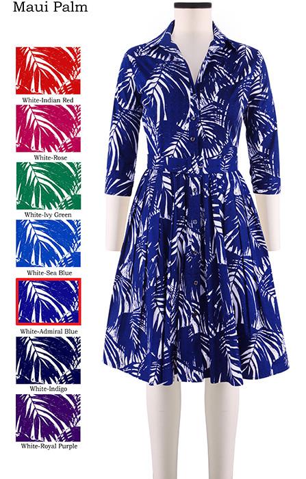 Audrey Dress #2 Shirt Collar 3/4 Sleeve Maui Palm in White Admiral Blue               